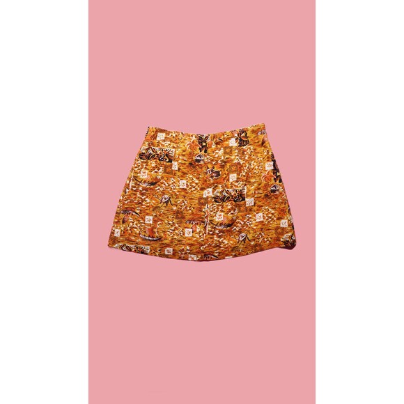 1990s ISAAC MIZRAHI Orange & Brown Island Tiki Print Faux Wrap Mini Skirt. S - Picture 3 of 10